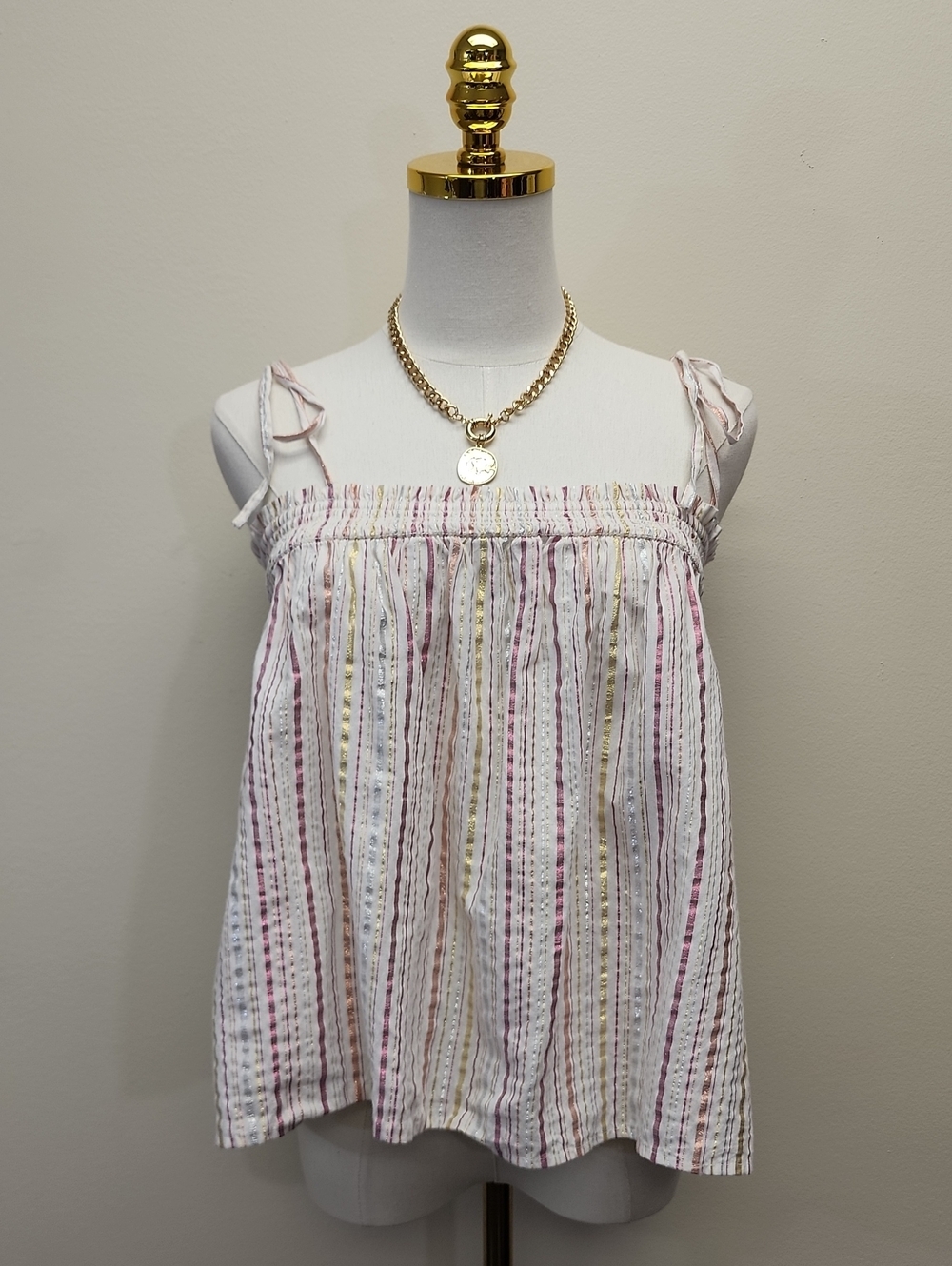 LOFT Pink Gold Stripe Tie Shoulder Tank Top Size Small